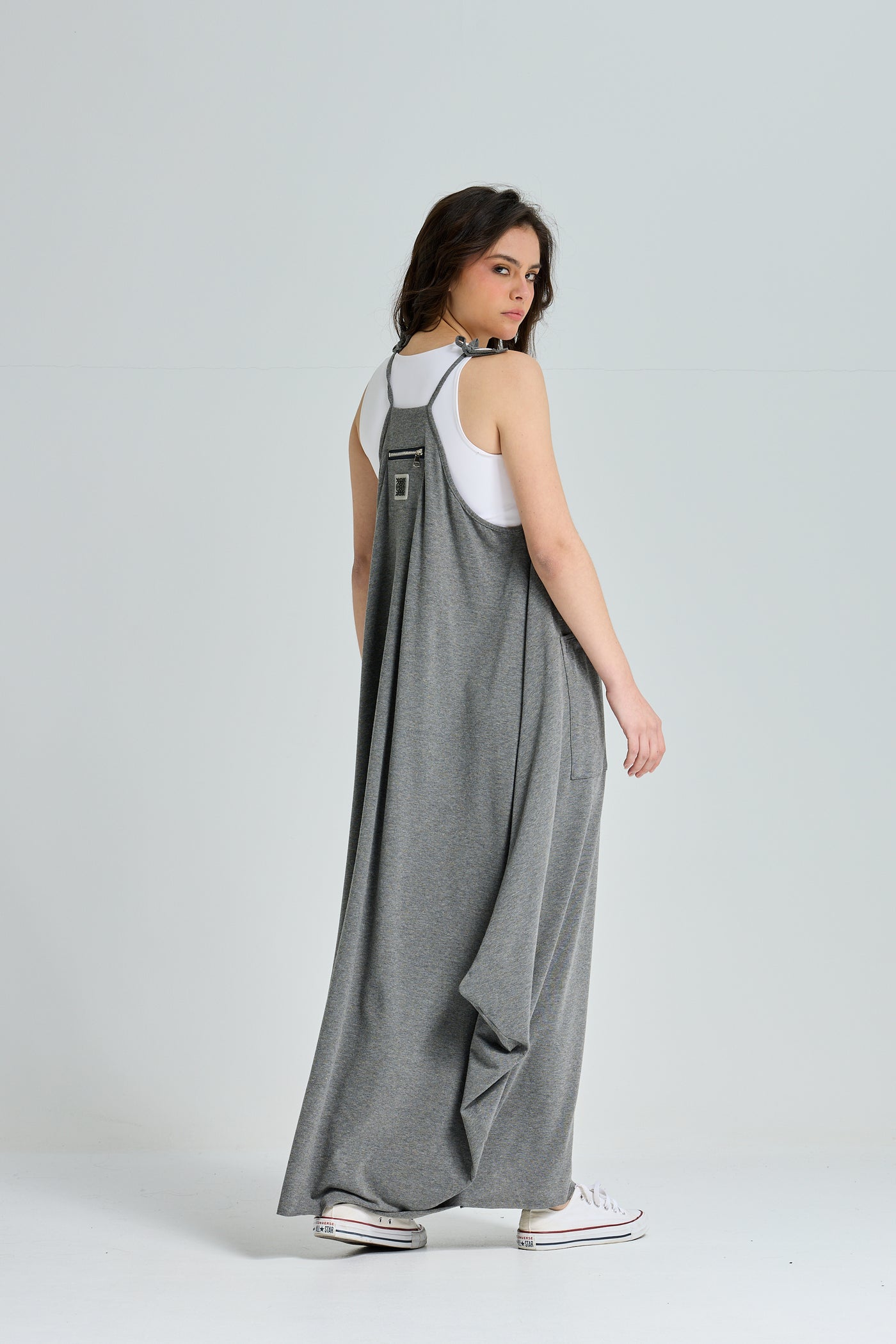 Strap Cotton Dress In Grey