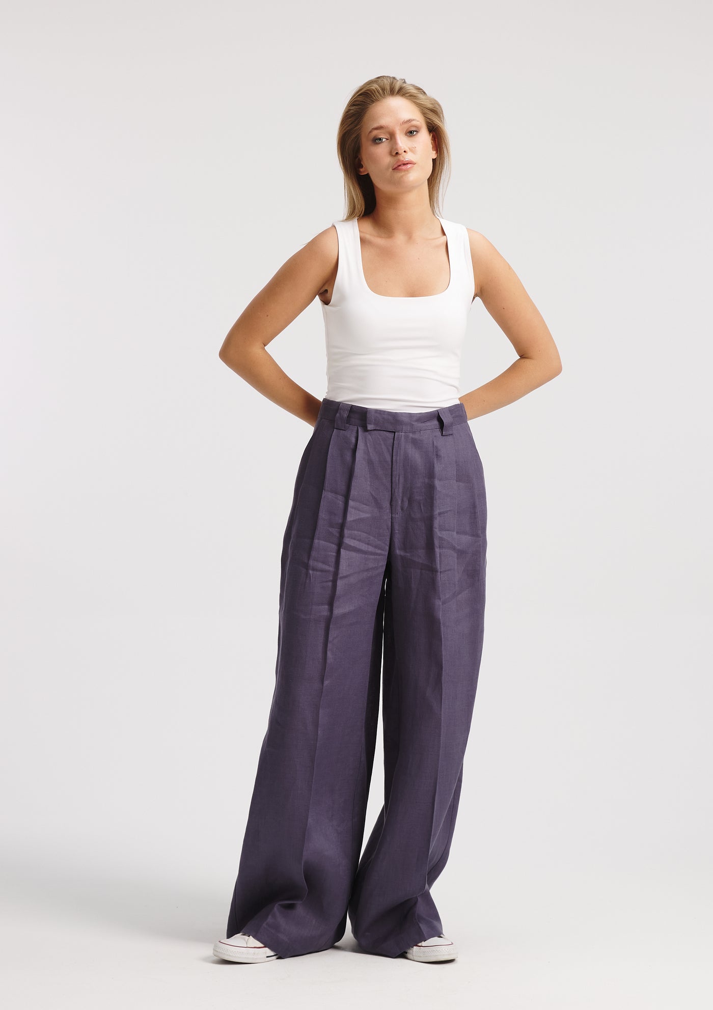 Classic Wide Leg Linen Pants In Navy