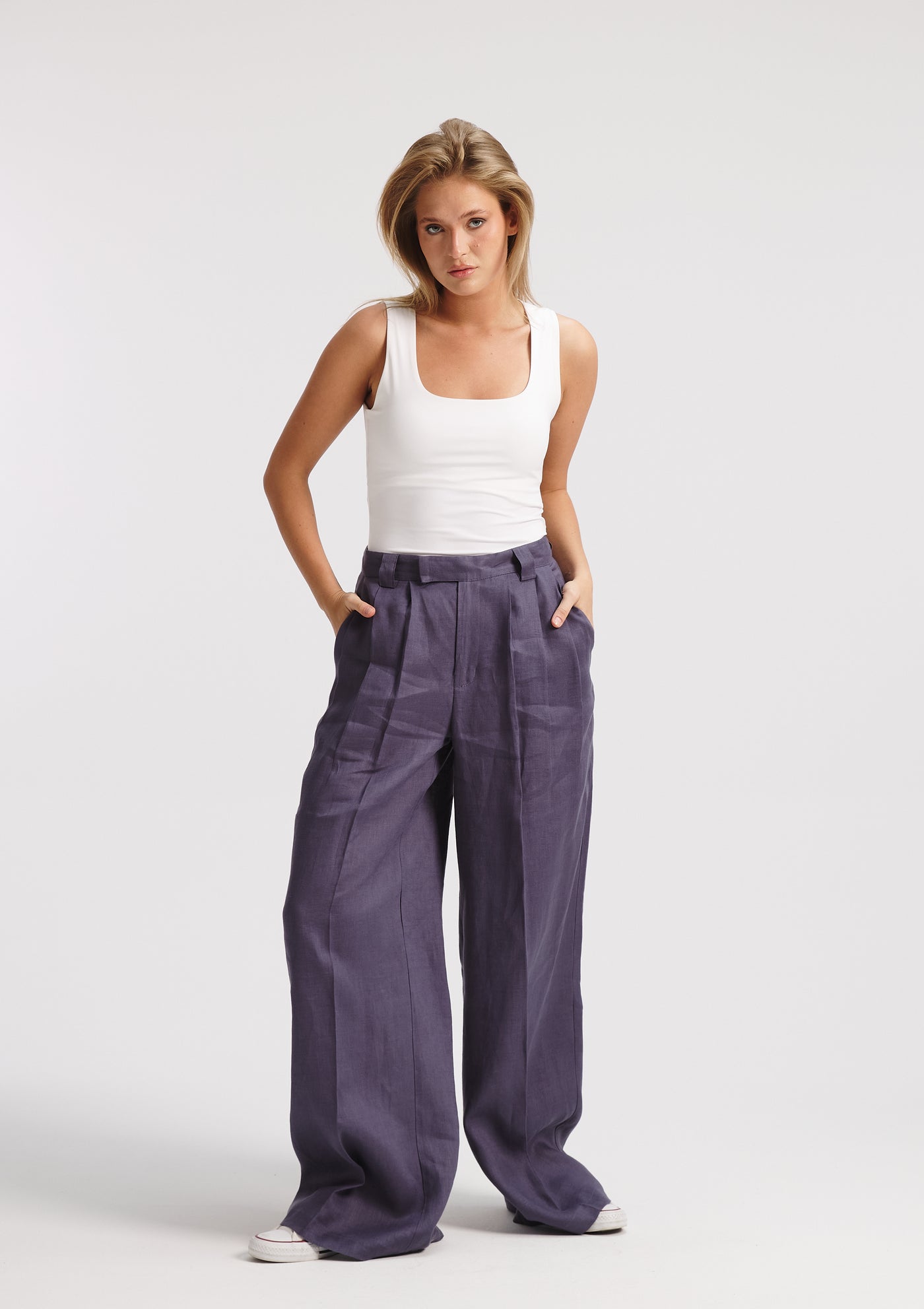 Classic Wide Leg Linen Pants In Navy