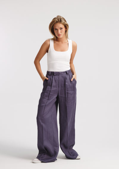 Classic Wide Leg Linen Pants In Navy