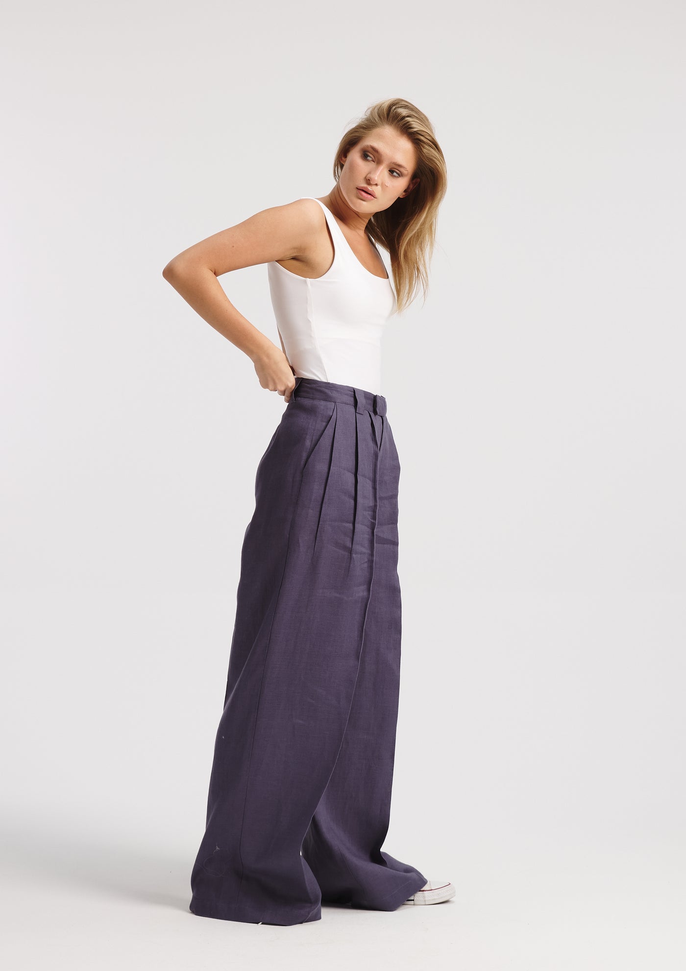 Classic Wide Leg Linen Pants In Navy
