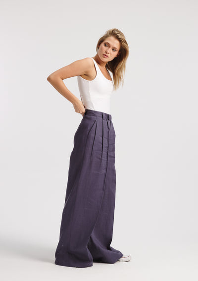 Classic Wide Leg Linen Pants In Navy