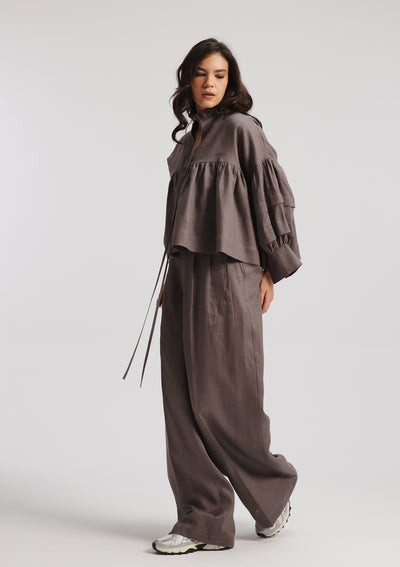 Linen Balloon Sleeves Top In grey