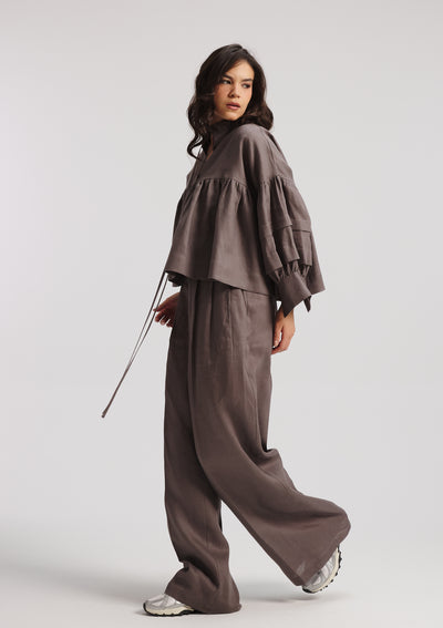 Linen Balloon Sleeves Top In grey