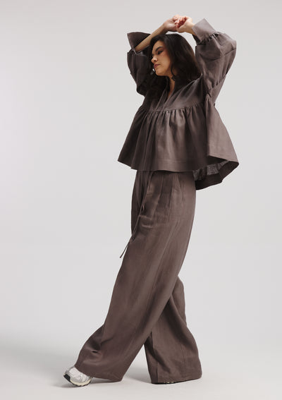 Linen Balloon Sleeves Top In grey