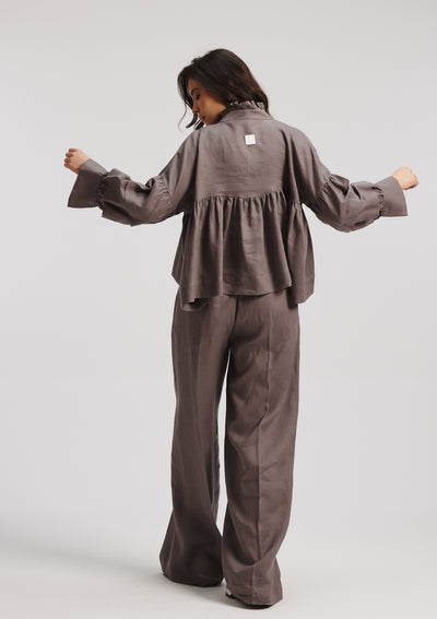 Linen Balloon Sleeves Top In grey