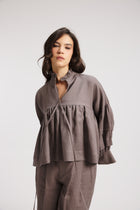 Linen Balloon Sleeves Top In grey