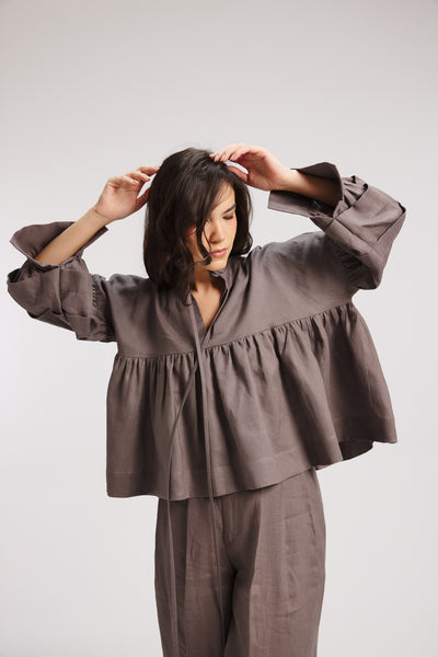 Linen Balloon Sleeves Top In grey