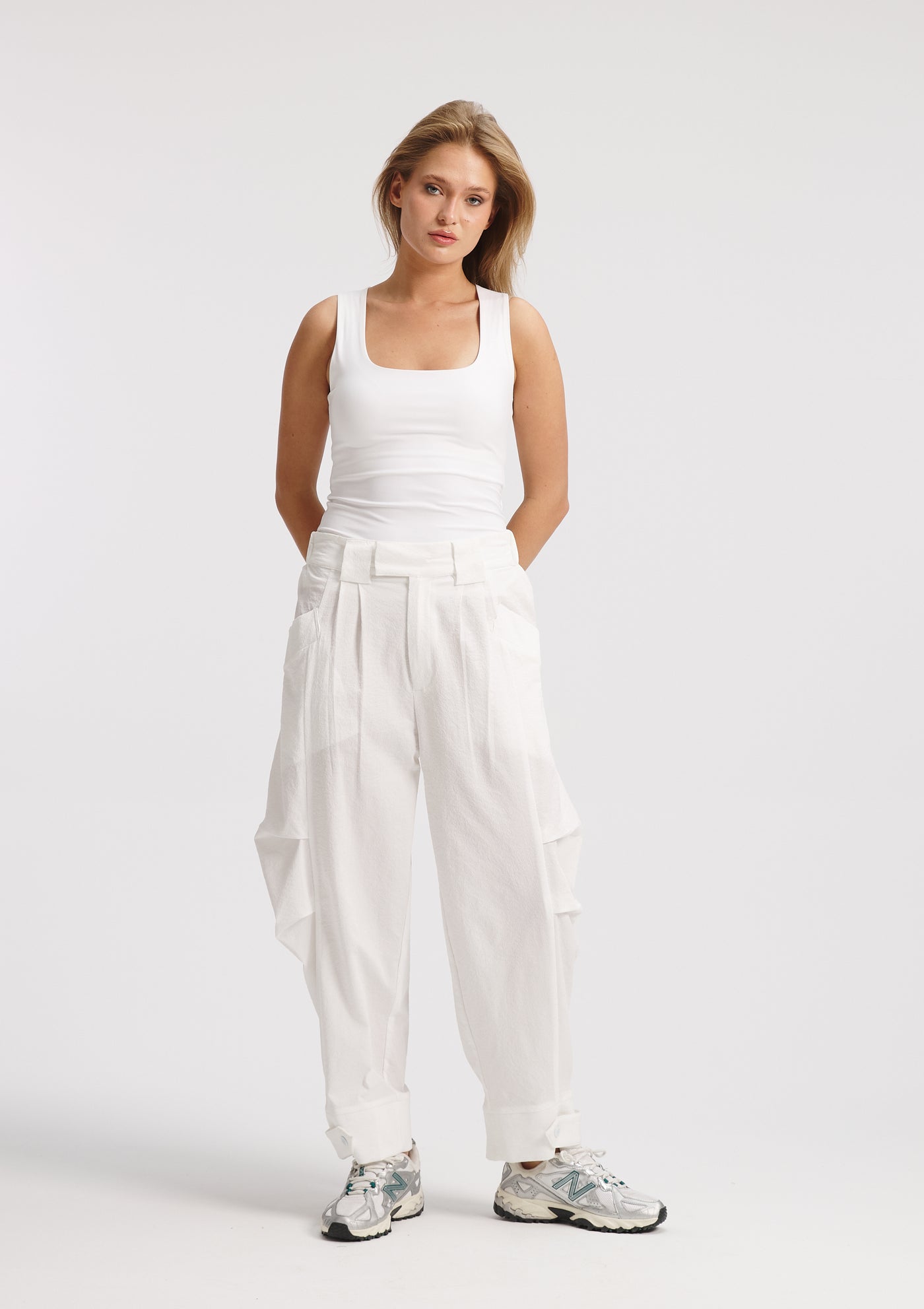 Crushed Side Pleats White Pants