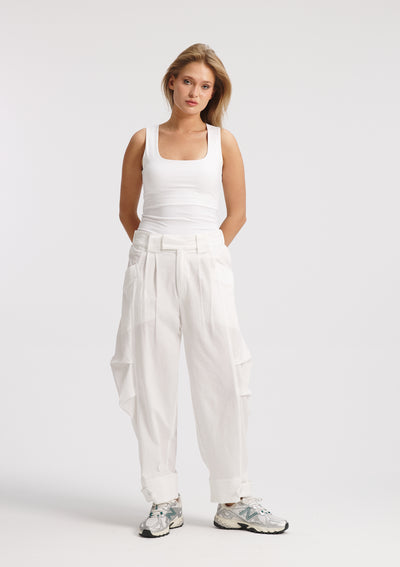 Crushed Side Pleats White Pants