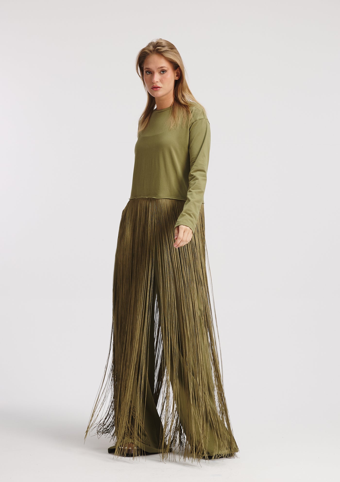 Maxi Fringes Hem T-Shirt In Olive