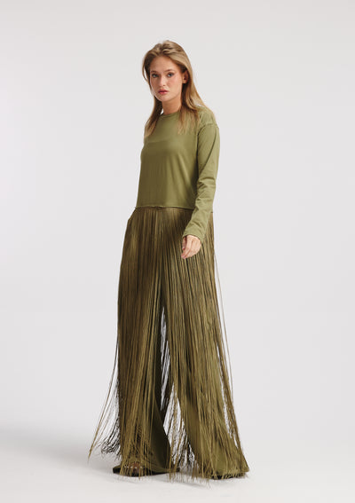 Maxi Fringes Hem T-Shirt In Olive