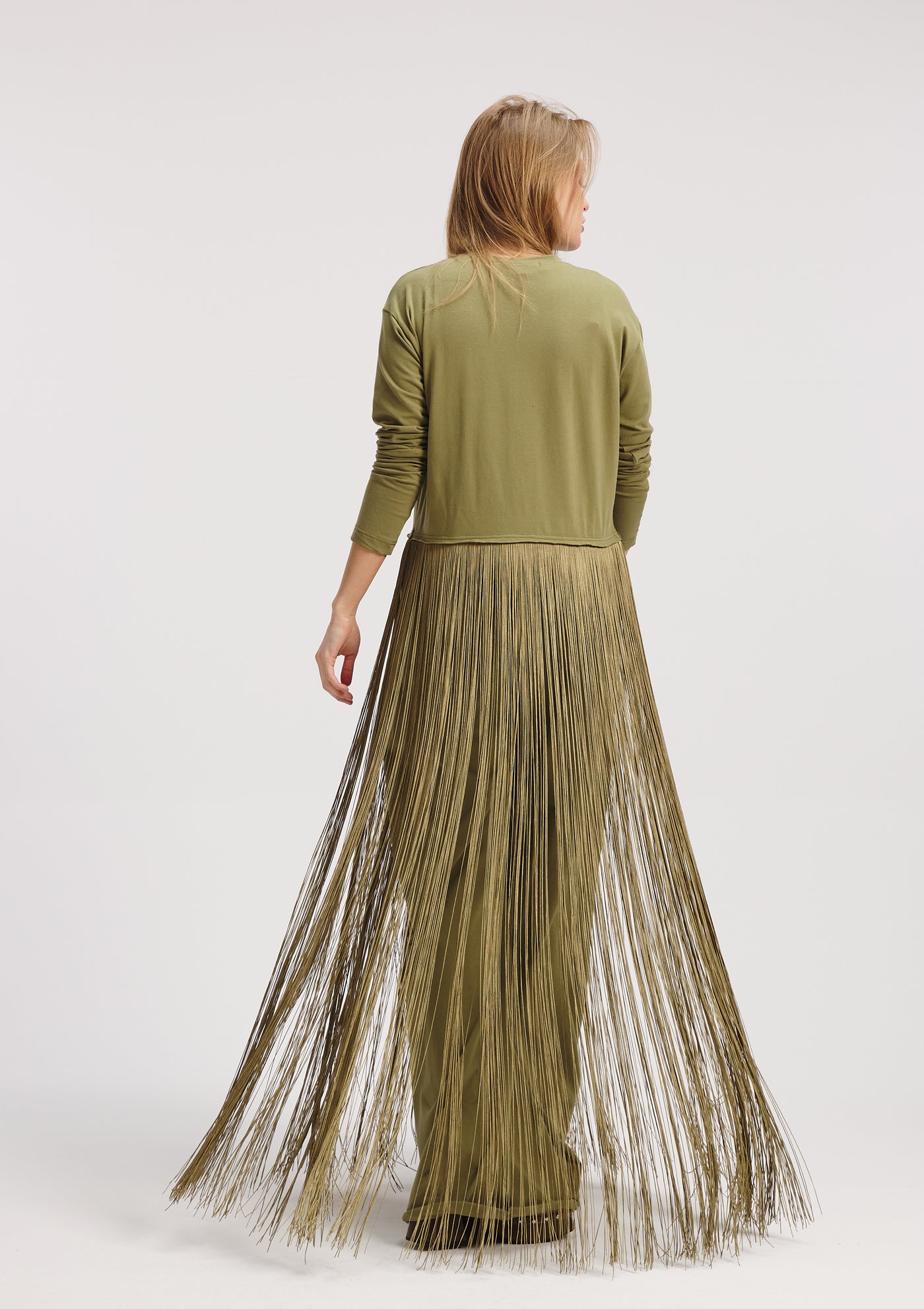 Maxi Fringes Hem T-Shirt In Olive