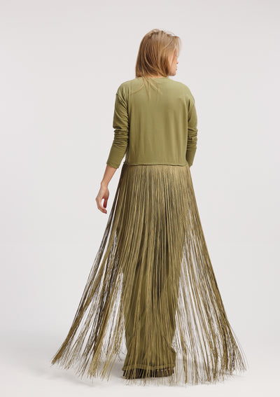 Maxi Fringes Hem T-Shirt In Olive