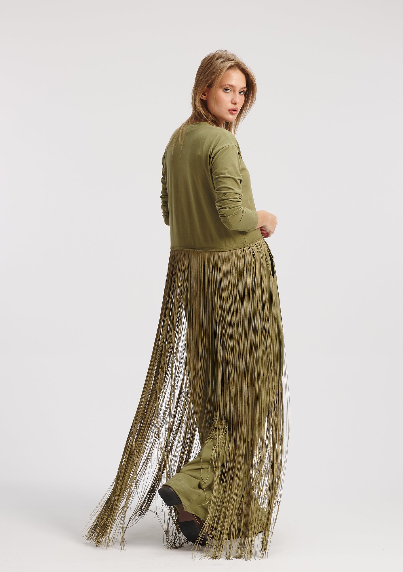 Maxi Fringes Hem T-Shirt In Olive
