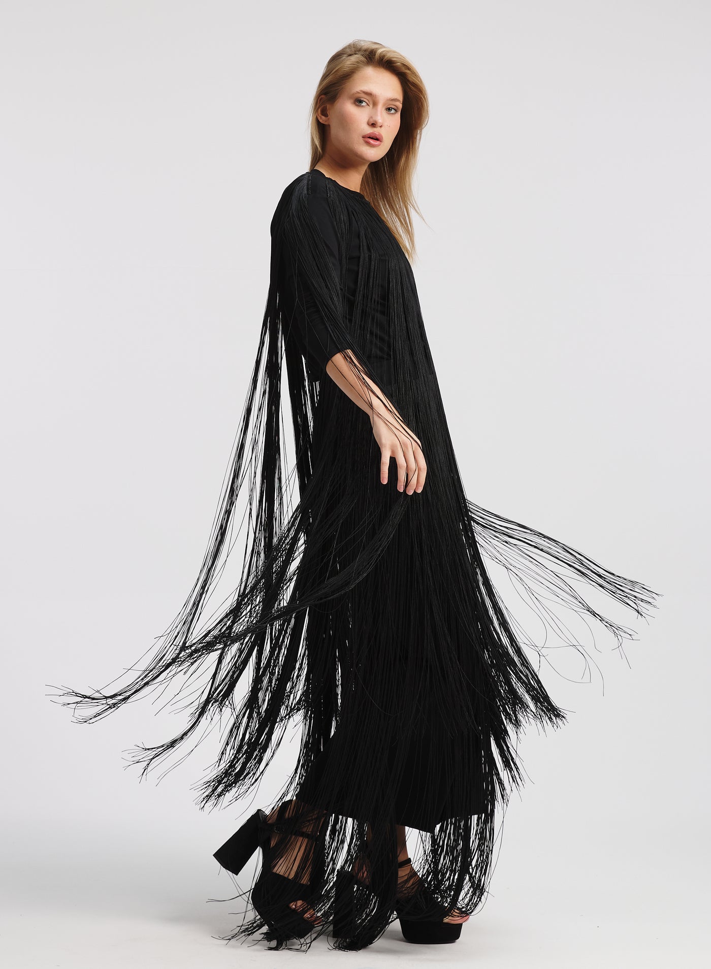 All Around Fringes Top In Black