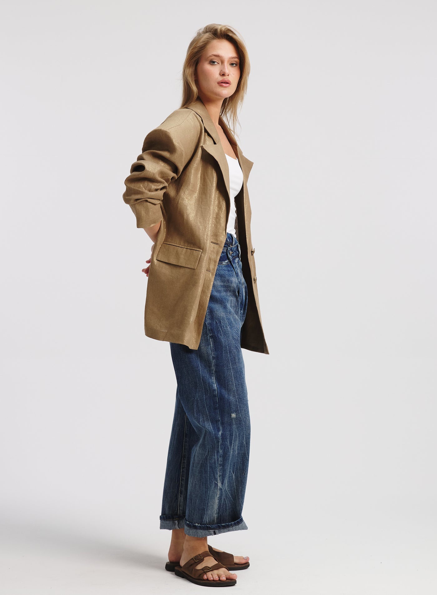 Extra Oversized Bold Shoulders Blazer In Gold