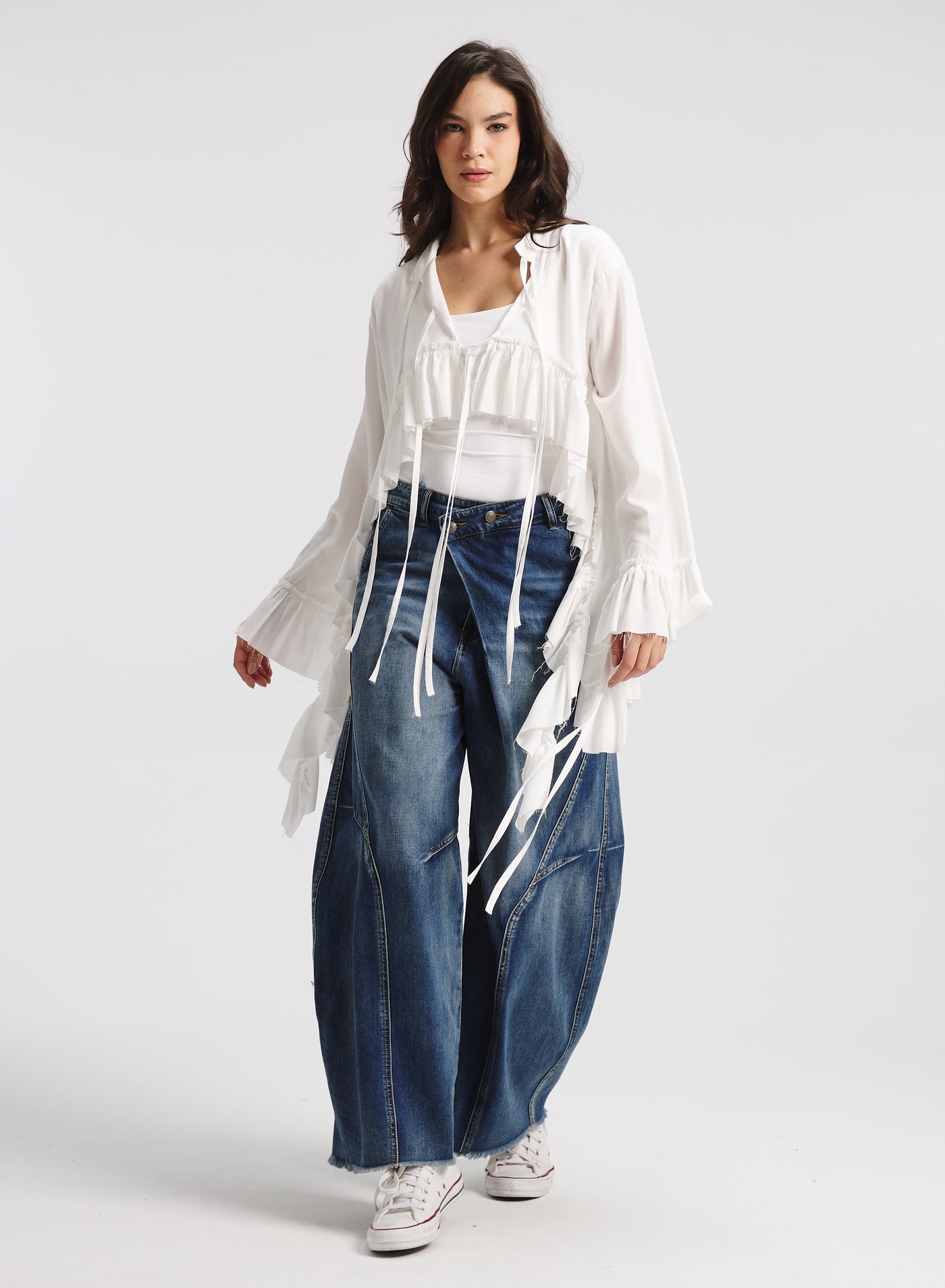 Cropped White Ruffle Cardigan