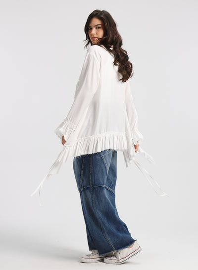 Cropped White Ruffle Cardigan