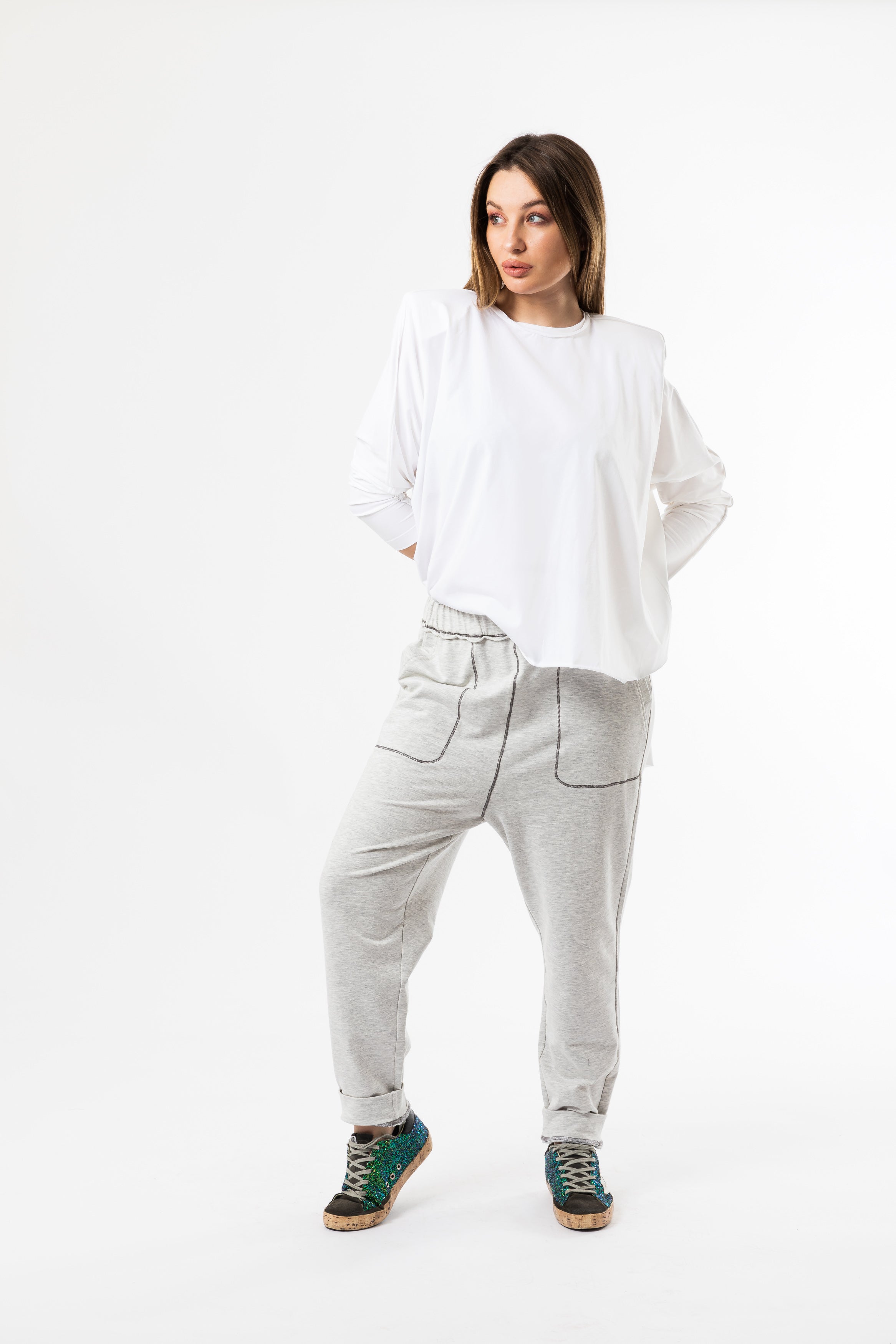 Stitches Low Crotch Jogger In Light Grey